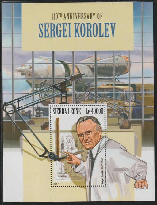 Sierra Leone 2017 Sergei Korolev 110th Birth Anniv perf deluxe sheet containing one value unmounted mint, stamps on rockets, stamps on space