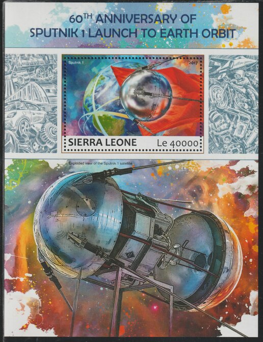 Sierra Leone 2017 Sputnik 60th Anniv perf deluxe sheet containing one value unmounted mint, stamps on satellites, stamps on space, stamps on sputnik