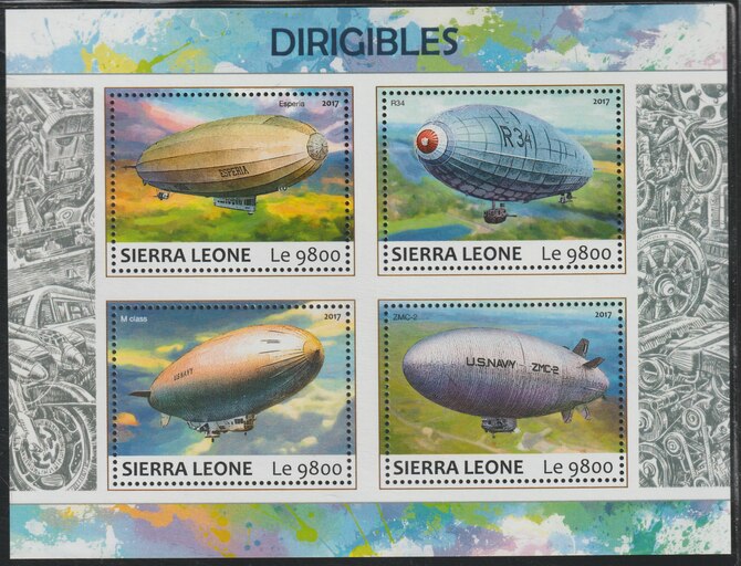 Sierra Leone 2017 Derigibles perf sheetlet containing 4 values unmounted mint, stamps on aviation, stamps on airships