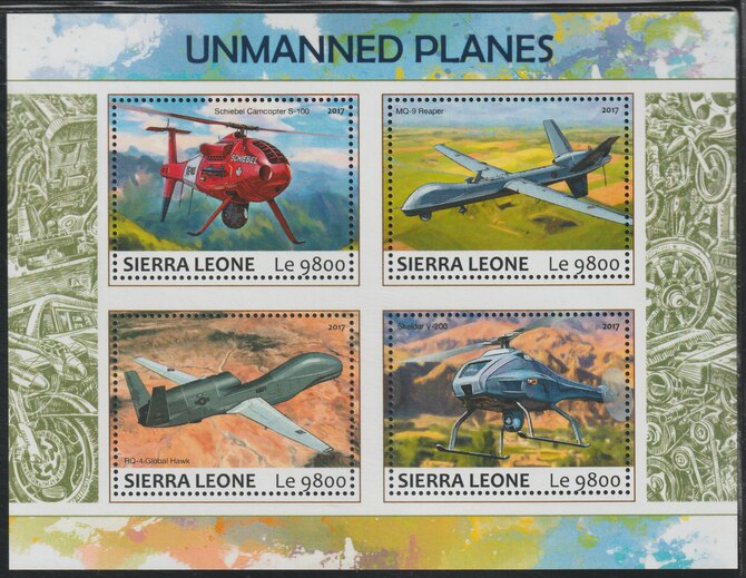 Sierra Leone 2017 Unmanned Planes perf sheetlet containing 4 values unmounted mint, stamps on aviation, stamps on , stamps on helicopters