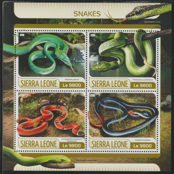 Sierra Leone 2017 Snakes perf sheetlet containing 4 values unmounted mint, stamps on reptiles, stamps on snakes