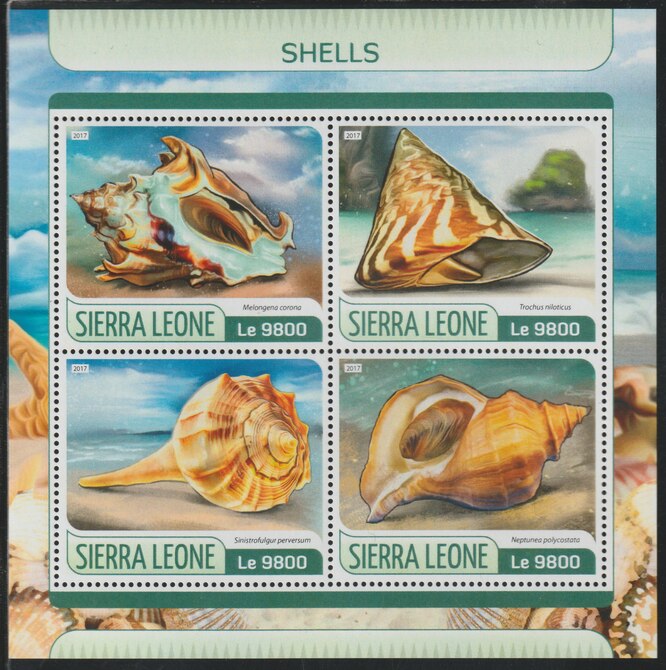 Sierra Leone 2017 Shells perf sheetlet containing 4 values unmounted mint, stamps on shells, stamps on marine life