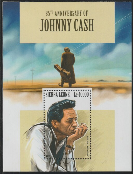 Sierra Leone 2017 Johnny Cash 85th Birth Anniv perf deluxe sheet containing one value unmounted mint, stamps on music, stamps on cash
