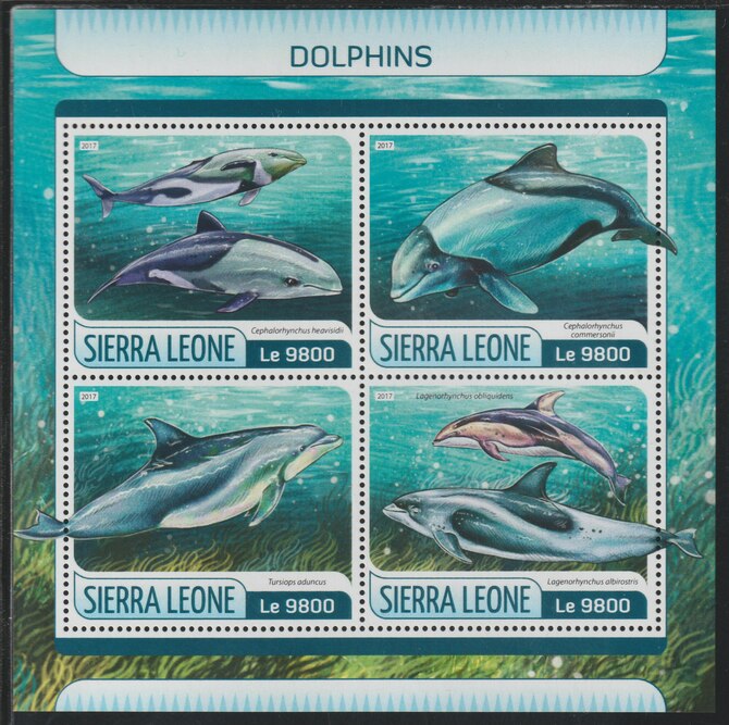 Sierra Leone 2017 Dolphins #1 perf sheetlet containing 4 values unmounted mint, stamps on dolphins, stamps on marine life