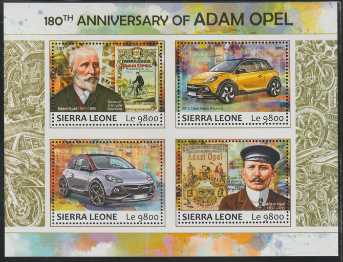 Sierra Leone 2017 Adam Opel  180th Birth Anniv perf sheetlet containing 4 values unmounted mint, stamps on cars, stamps on opel, stamps on bicycles