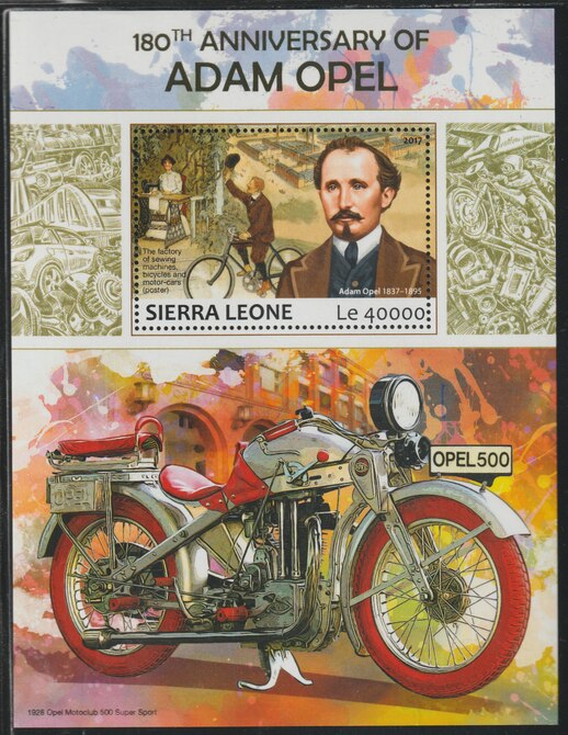 Sierra Leone 2017 Adam Opel  180th Birth Anniv perf deluxe sheet containing one value unmounted mint, stamps on cars, stamps on opel, stamps on bicycles, stamps on motorcycles, stamps on motorbikes