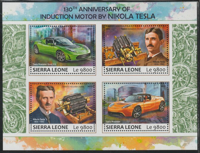 Sierra Leone 2017 Nikola Tesla's Induction Motor 130th Anniv perf sheetlet containing 4 values unmounted mint, stamps on cars, stamps on tesla