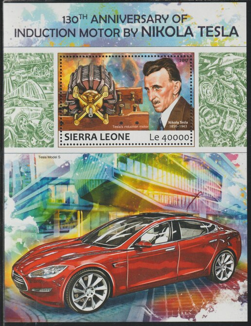 Sierra Leone 2017 Nikola Tesla's Induction Motor 130th Anniv perf deluxe sheet containing one value unmounted mint, stamps on cars, stamps on tesla