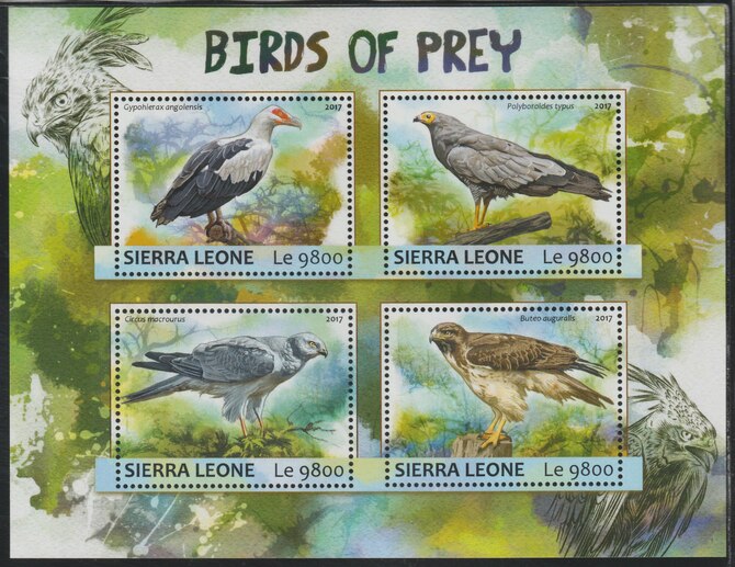 Sierra Leone 2017 Birds of Prey #1 perf sheetlet containing 4 values unmounted mint, stamps on birds, stamps on birds of prey, stamps on 