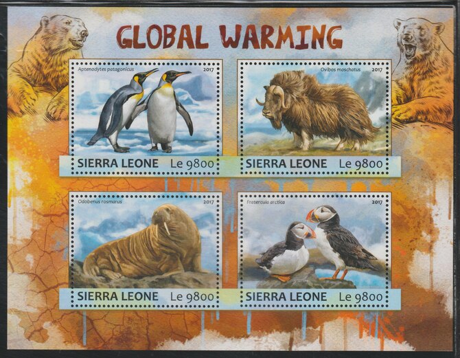 Sierra Leone 2017 Global Warming perf sheetlet containing 4 values unmounted mint, stamps on birds, stamps on penguins, stamps on puffins, stamps on bison, stamps on walrus