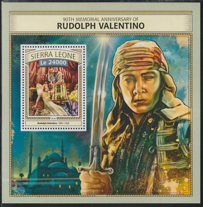Sierra Leone 2016 Rudolph Valentino 90th Death Anniv perf deluxe sheet containing one value unmounted mint, stamps on valentino, stamps on actor, stamps on films, stamps on movies, stamps on cinema