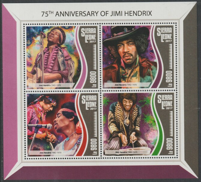 Sierra Leone 2017 Jimi Hendrix 75th Birth Anniv perf sheetlet containing 4 values unmounted mint, stamps on music, stamps on pops, stamps on hendrix