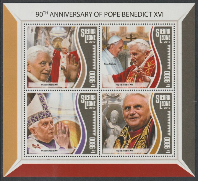Sierra Leone 2017 Pope Benedict XVI  90th Birth Anniv perf sheetlet containing 4 values unmounted mint, stamps on religion, stamps on popes