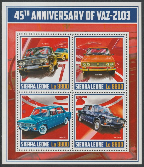 Sierra Leone 2017 IVAZ 2103 (Lada) 45th Anniv perf sheetlet containing 4 values unmounted mint, stamps on cars, stamps on lada