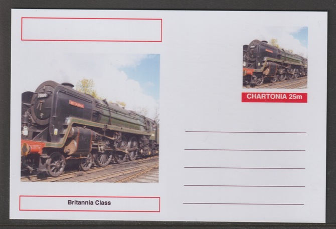 Chartonia (Fantasy) Railways - Britannia Class postal stationery card unused and fine, stamps on transport, stamps on railways