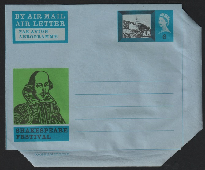 Aerogramme - Great Britain 1964 Shakespeare Festival 6d Air Letter (Globe Theatre) featuring Shakespear portrait with green background and various scenes, unused and fine (folded along fold lines), stamps on aviation, stamps on shakespeare, stamps on literature, stamps on theatres