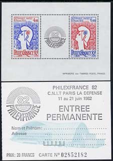 France 1982 Philexfrance 82 (4th issue) perf m/sheet unmounted mint SG MS 2539 (plus entrance ticket), stamps on 