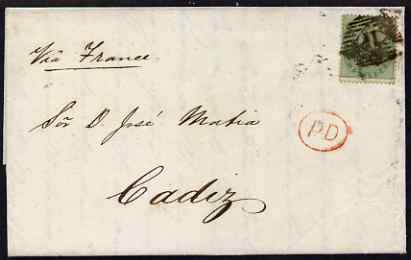 Great Britain 1857 entire to Cadiz bearing 1s green, SG72, stamps on , stamps on  qv , stamps on 