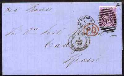 Great Britain 1869 6d pl.8 on entire to Cadiz nicely tied, SG108/9, stamps on 