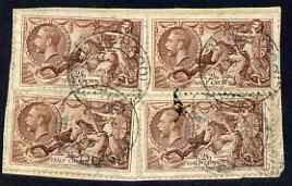 Great Britain 1934 Re-engraved Seahorse 2s6d x 4 used on piece cat \A3160, stamps on 