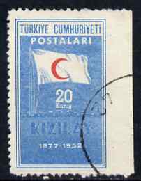 Turkey 1952 Red Crescent 20k used single imperf between stamp & margin, stamps on red cross, stamps on red crescent