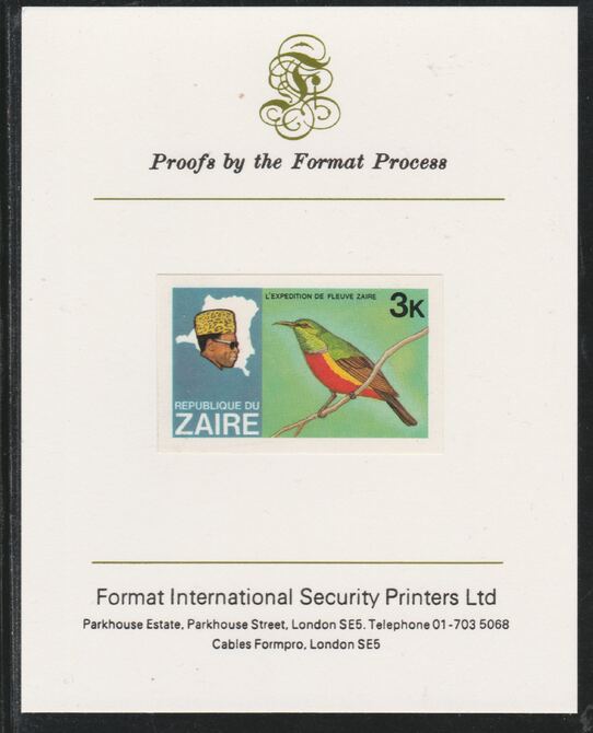 Zaire 1979 River Expedition 3k Sunbird imperf mounted on Format International proof card as SG953, stamps on birds