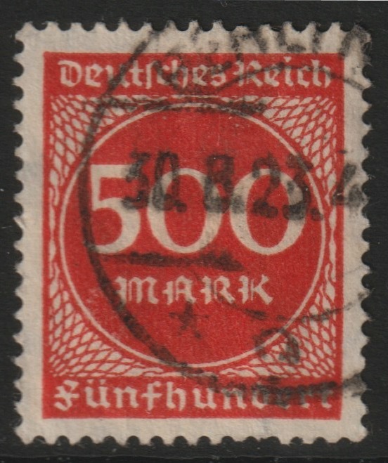 Germany 1923 500m orange-red cds used SG265, stamps on 