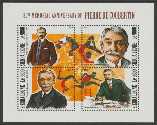 Sierra Leone 2017 Pierre de Coubertin 80th Death Anniv perf sheetlet containing 4 values unmounted mint, stamps on olympics, stamps on coubertin, stamps on pole vault, stamps on gymnastics, stamps on hurdles