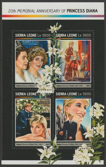 Sierra Leone 2017 Princess Diana 20th Death Anniv perf sheetlet containing 4 values unmounted mint, stamps on diana, stamps on royalty, stamps on 