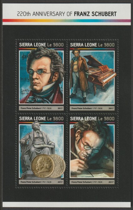 Sierra Leone 2017 Franz Schubert 220th Death Anniv perf sheetlet containing 4 values unmounted mint, stamps on , stamps on  stamps on schubert, stamps on  stamps on music, stamps on  stamps on composers