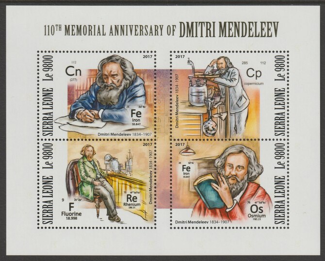 Sierra Leone 2017 Dmitri Mendeleev 110th Death Anniv perf sheetlet containing 4 values unmounted mint, stamps on mendeleev, stamps on chemist