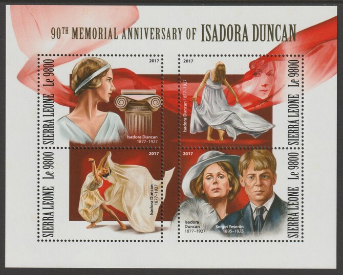 Sierra Leone 2017 Isadora Duncan 90th Death Anniv perf sheetlet containing 4 values unmounted mint, stamps on duncan, stamps on dancing