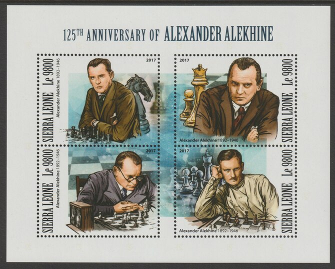 Sierra Leone 2017 Alexander Alkhine (chess)  125th Birth Anniv perf sheetlet containing 4 values unmounted mint, stamps on alekhine, stamps on chess