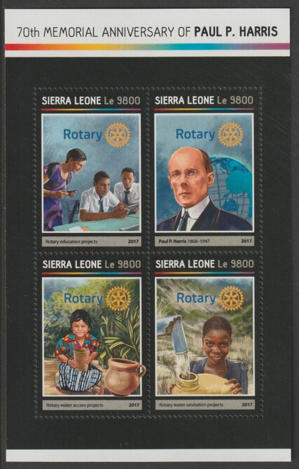 Sierra Leone 2017 Paul Harris 70th Death Anniv perf sheetlet containing 4 values unmounted mint, stamps on rotary, stamps on harris