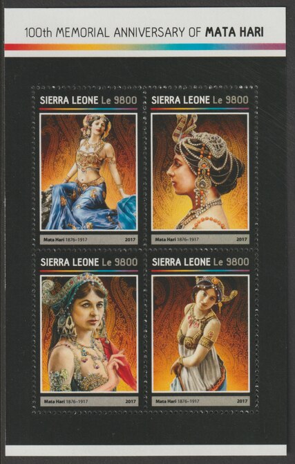 Sierra Leone 2017 Mata Hari 100th Death Anniv perf sheetlet containing 4 values unmounted mint, stamps on mata hari, stamps on dancing