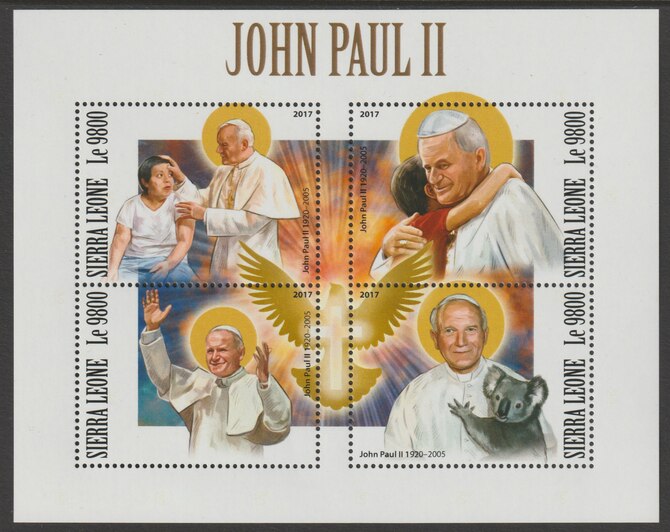 Sierra Leone 2017 Pope John Paul II perf sheetlet containing 4 values unmounted mint, stamps on , stamps on  stamps on religion, stamps on  stamps on popes