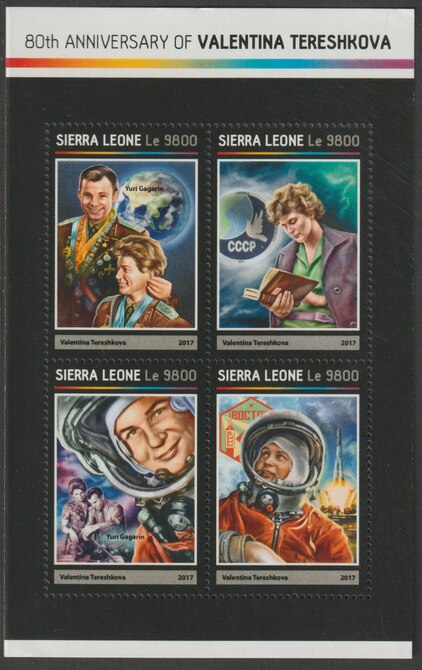 Sierra Leone 2017 Valentina Tereshkova 80th Birth Anniv perf sheetlet containing 4 values unmounted mint, stamps on women, stamps on space
