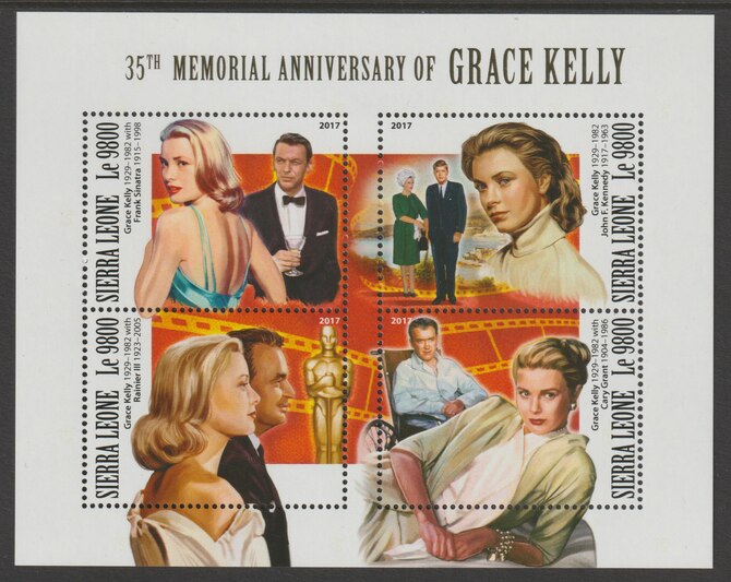 Sierra Leone 2017 Grace Kelly 35th Death Anniv perf sheetlet containing 4 values unmounted mint, stamps on films, stamps on cinema, stamps on movies, stamps on kelly