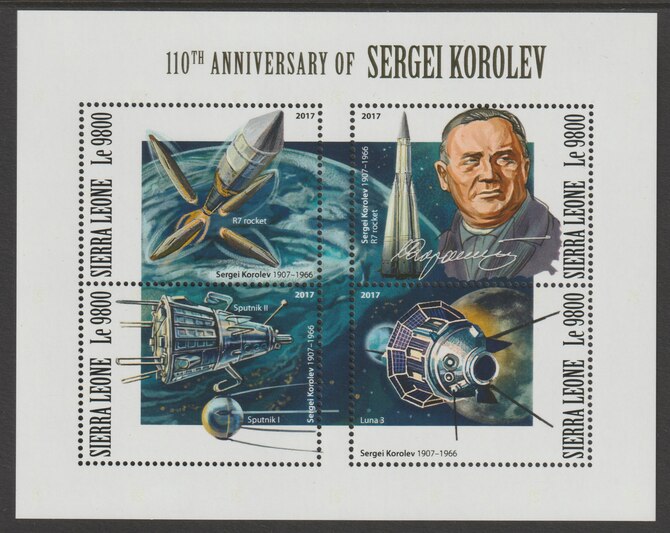 Sierra Leone 2017 Sergei Korolev 110th Birth Anniv perf sheetlet containing 4 values unmounted mint, stamps on rockets, stamps on space