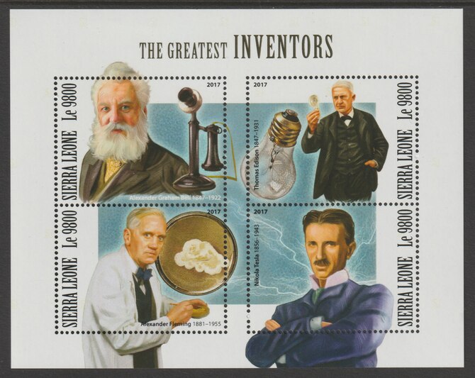 Sierra Leone 2017 Great Inventors perf sheetlet containing 4 values unmounted mint, stamps on inventors, stamps on fleming, stamps on tesla, stamps on edison, stamps on bell
