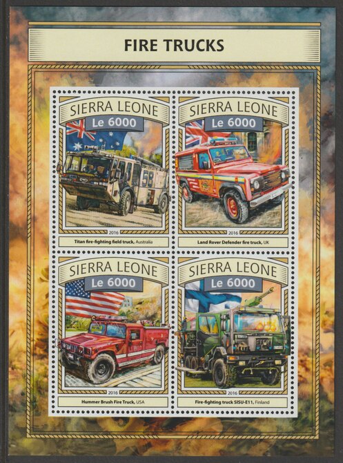 Sierra Leone 2017 Fire Trucks  perf sheetlet containing 4 values unmounted mint, stamps on fire