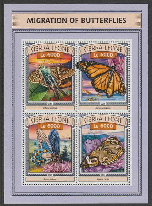 Sierra Leone 2016 Migration of Butterflies perf sheetlet containing 4 values unmounted mint, stamps on , stamps on  stamps on butterflies