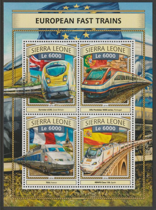 Sierra Leone 2016 European High Speed Trains #1 perf sheetlet containing 4 values unmounted mint, stamps on railways