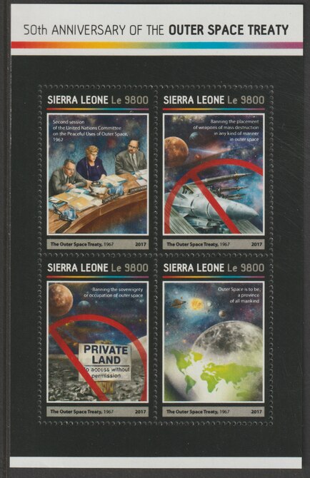 Sierra Leone 2017 Outer Space Treaty 50th Anniv perf sheetlet containing 4 values unmounted mint, stamps on space