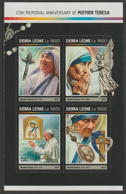 Sierra Leone 2017 Mother Teresa 20th Death Anniv perf sheetlet containing 4 values unmounted mint, stamps on teresa, stamps on peace, stamps on pope