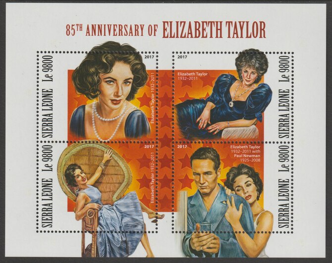 Sierra Leone 2017 Elizabeth Taylor 85th Birth Anniv perf sheetlet containing 4 values unmounted mint, stamps on , stamps on  stamps on women, stamps on  stamps on films, stamps on  stamps on cinema.movies, stamps on  stamps on taylor
