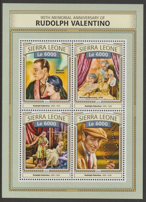 Sierra Leone 2016 Rudolph Valentino 90th Death Anniv perf sheetlet containing 4 values unmounted mint, stamps on valentino, stamps on actor, stamps on films, stamps on movies, stamps on cinema