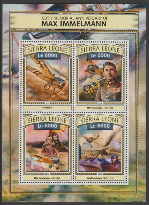 Sierra Leone 2016 Max Immelmann 100th Death Anniv perf sheetlet containing 4 values unmounted mint, stamps on immelmann, stamps on aviation, stamps on  ww1 , stamps on 