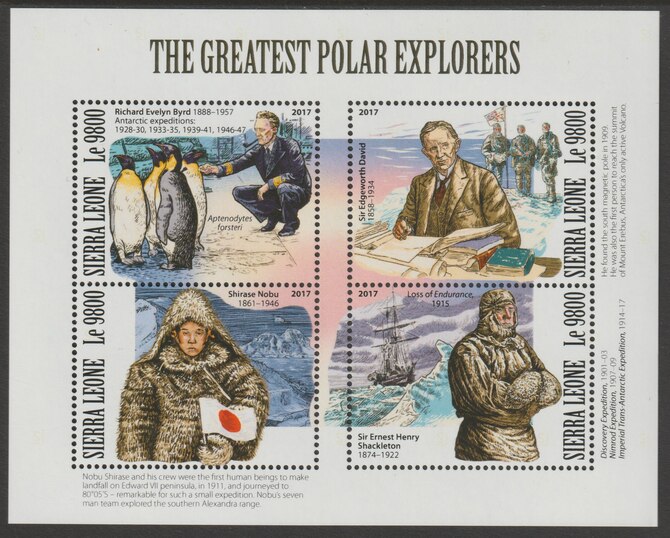 Sierra Leone 2017 Polar Explorers perf sheetlet containing 4 values unmounted mint, stamps on explorers, stamps on polar, stamps on penguins, stamps on ships