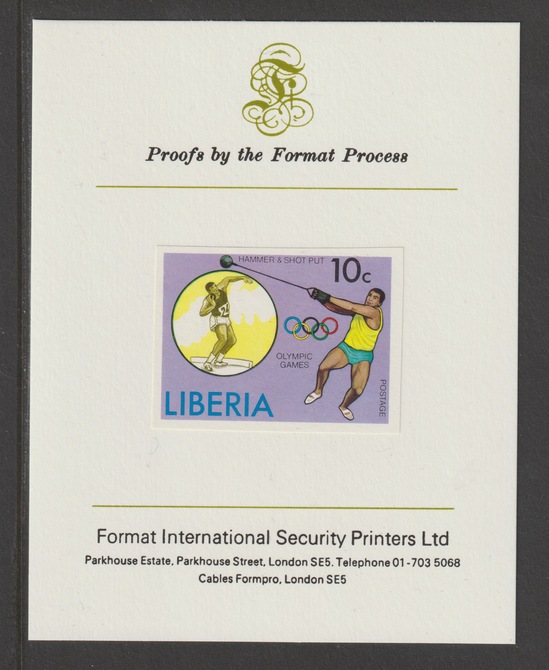 Liberia 1976 Montreal Olympics 10c Hammer  & Shot Putt iimperf mounted on Format International proof card, as SG 1272, stamps on olympics, stamps on hammer